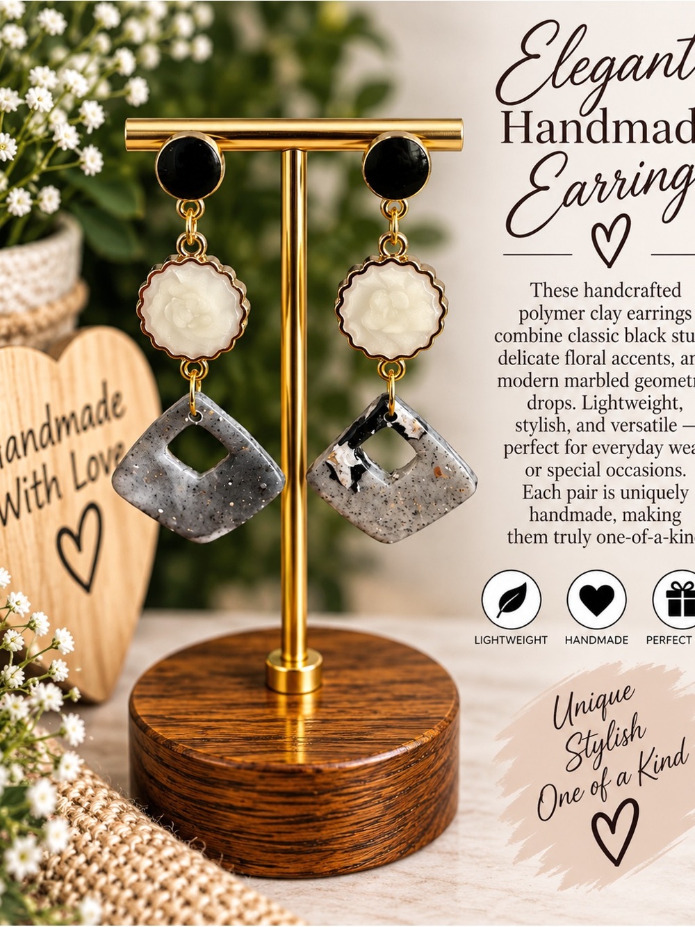 Handmade Black and Cream Floral Drop Earrings with Marbled Gray Geometric Drops
